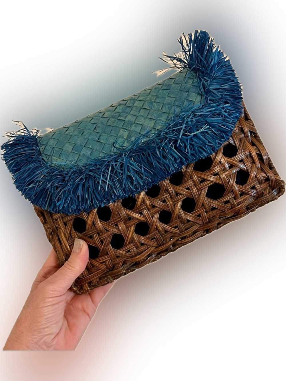 Vincent Pradier Woven Rattan Clutch Blue Raffia Fringe Anthropologie Style